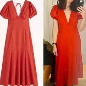 Abercrombie & Fitch Red Puff Sleeve Maxi Dress